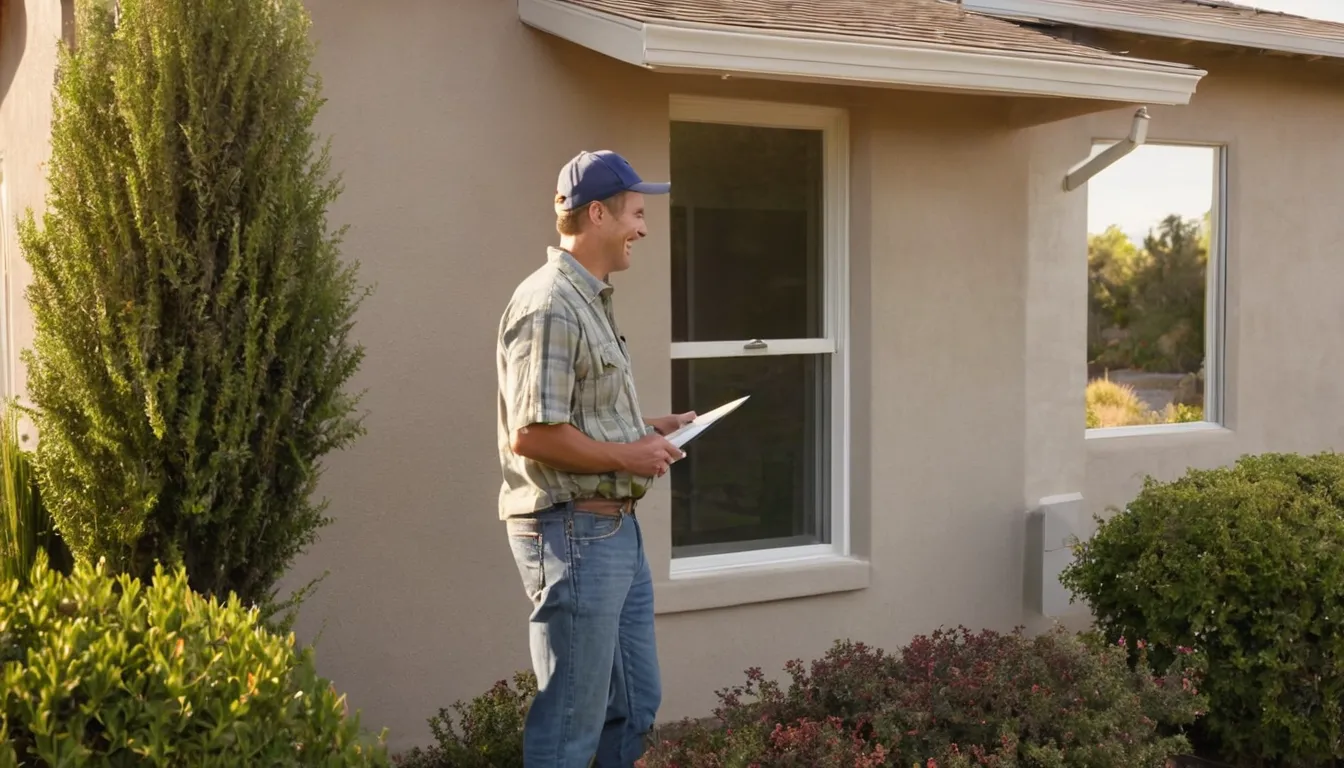 Provider measuring a window opening on a stucco ranch home in San Jose while a homeowner looks on